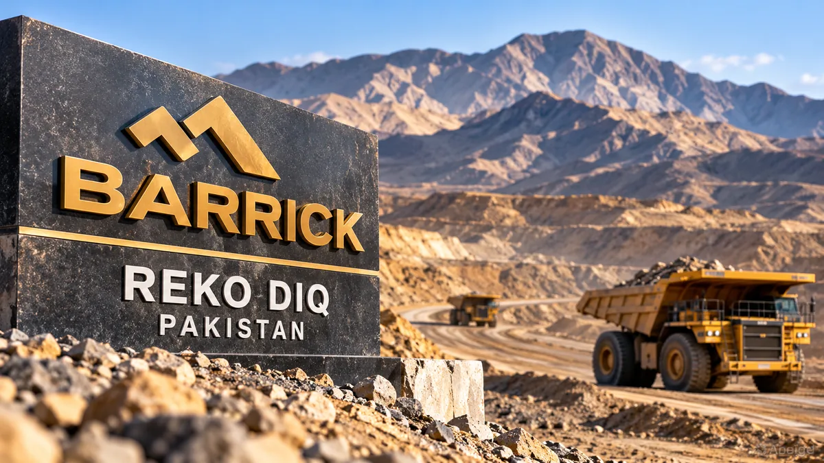 AI-generated Pakistan Report editorial illustration of a large mining site representing the Reko Diq project in Balochistan.