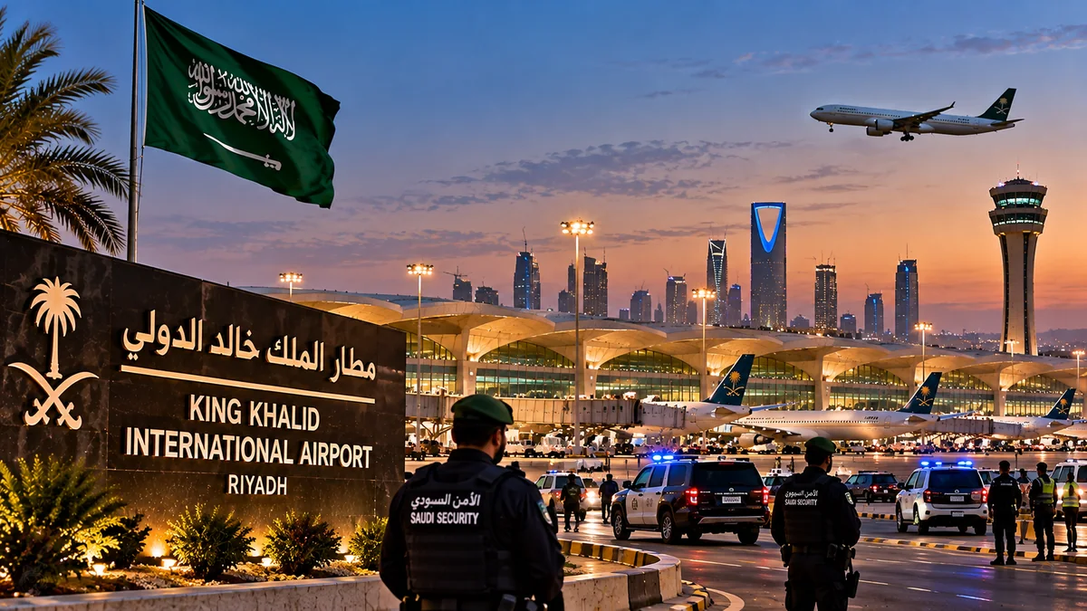 Conceptual editorial illustration accompanying Pakistan Report coverage: Riyadh Airport Attacks Raise Regional Aviation Concerns After Deadly Weekend
