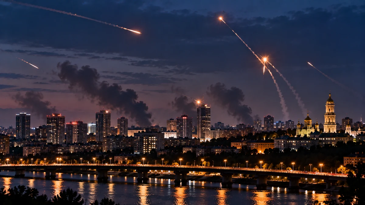 AI-generated Pakistan Report editorial illustration showing a Kyiv-like skyline, river and bridge with smoke and air-defence or missile trails.