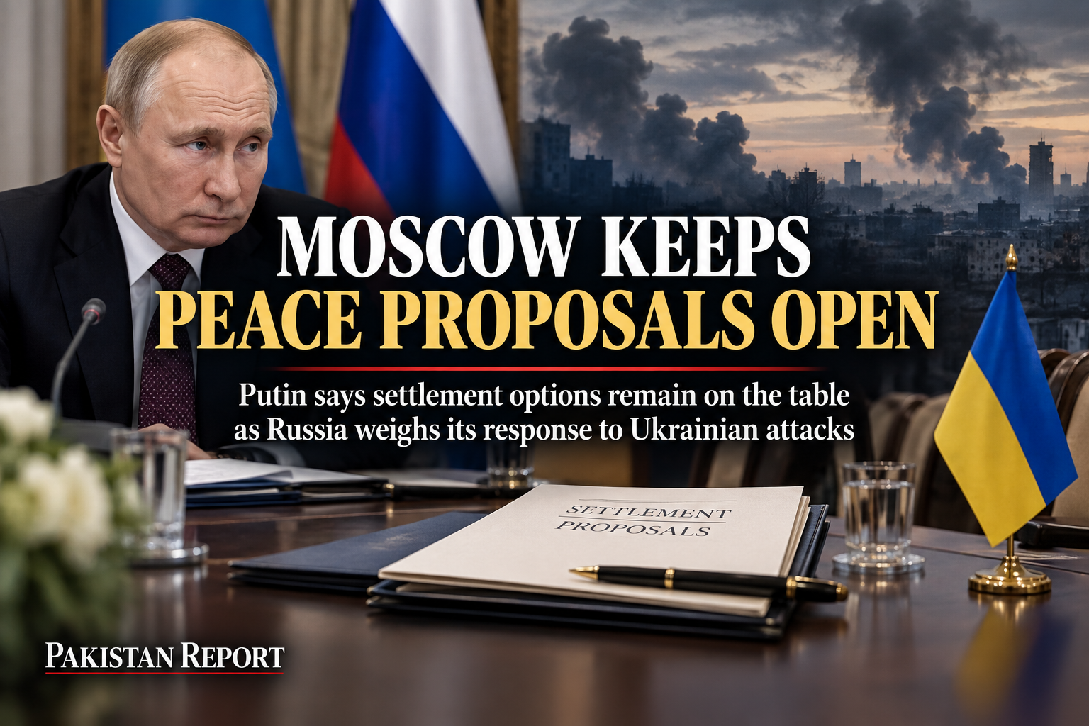 Pakistan Report editorial illustration representing Russia's stated openness to Ukraine settlement proposals alongside the continuing war.