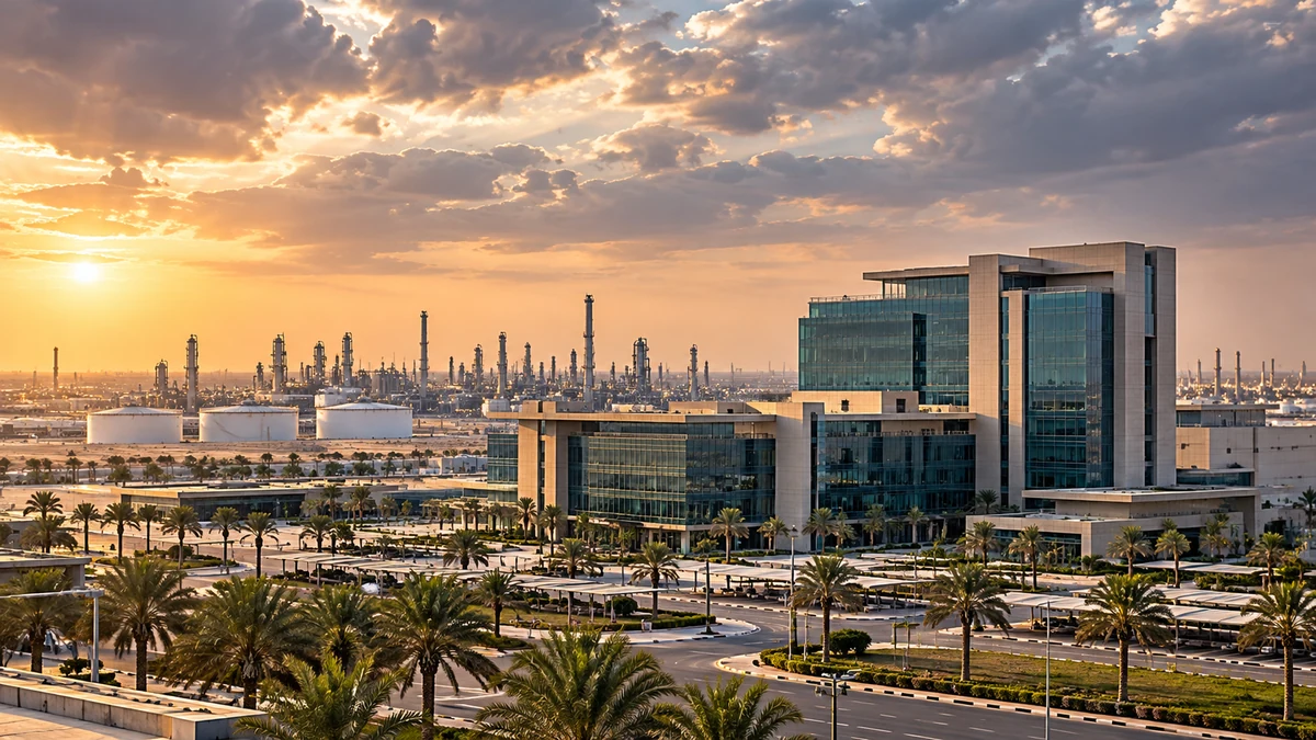 AI-generated editorial illustration of a generic Saudi corporate office complex with oil industry facilities in the background; not the actual Aramco headquarters or attack.