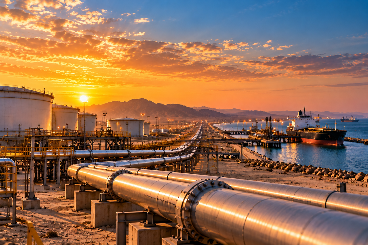 AI-generated Pakistan Report editorial illustration of Saudi oil pipeline and Red Sea export infrastructure.