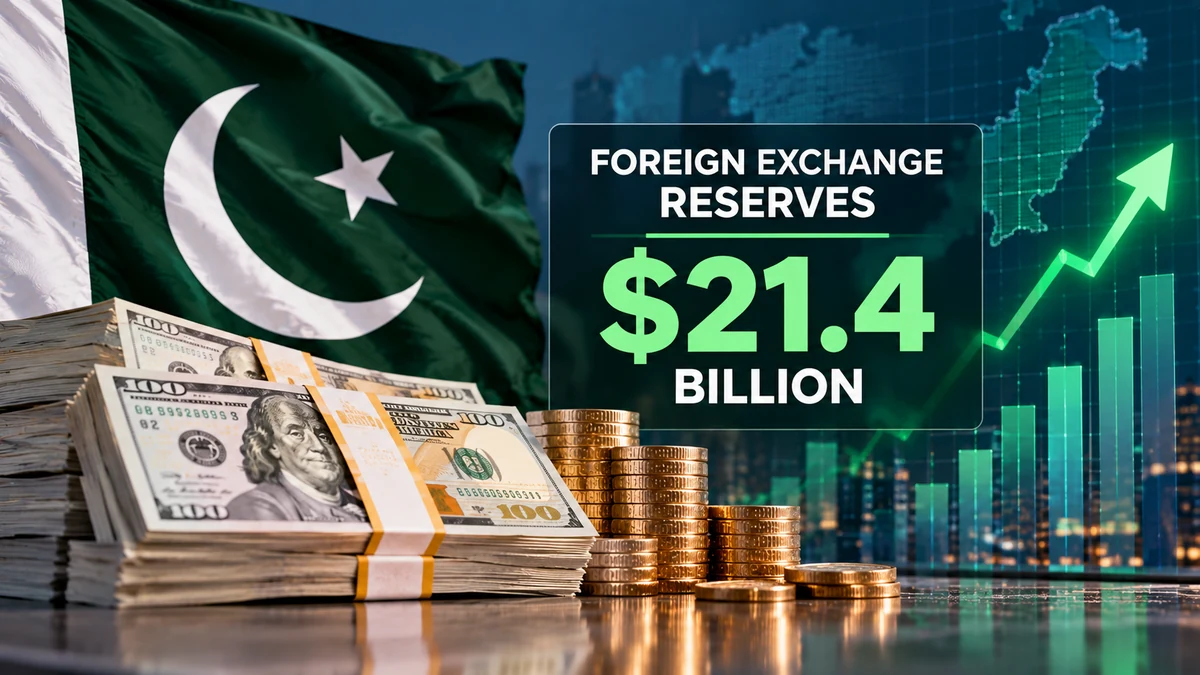 AI-generated Pakistan Report editorial illustration of US dollars, coins and financial graphics representing State Bank of Pakistan foreign exchange reserves of $21.4 billion.