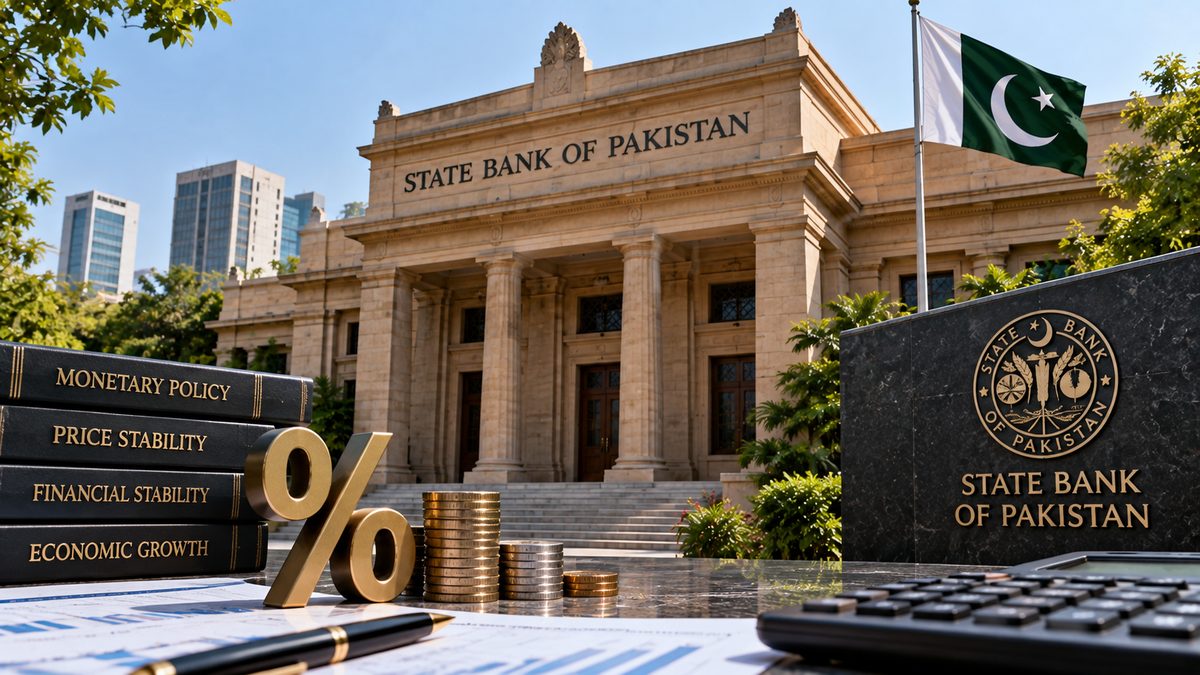 Pakistan Report illustration of the State Bank of Pakistan and monetary-policy symbols