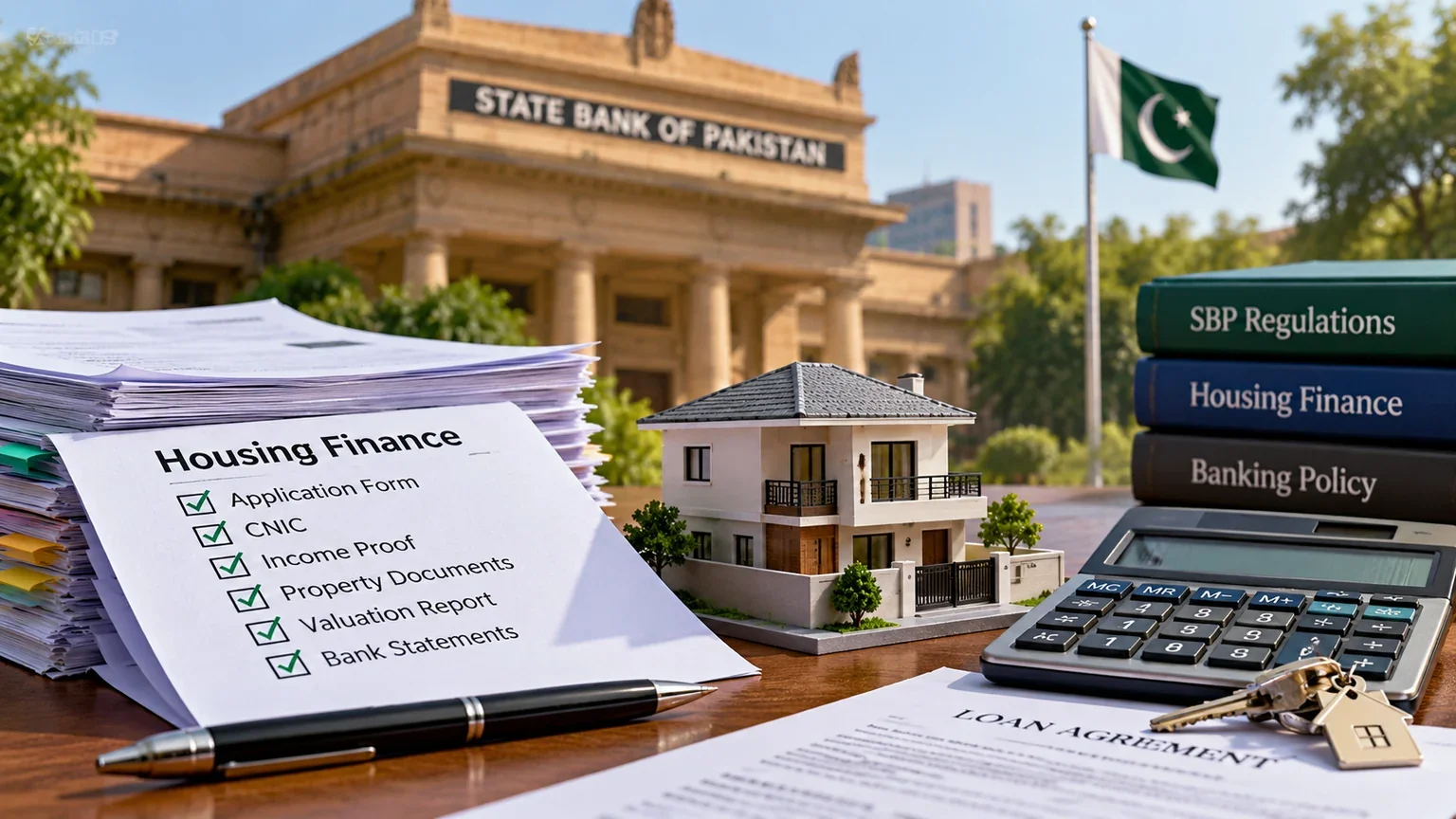 Conceptual editorial illustration for Pakistan Report coverage of sbp housing finance property document receipts. Not an event photograph.