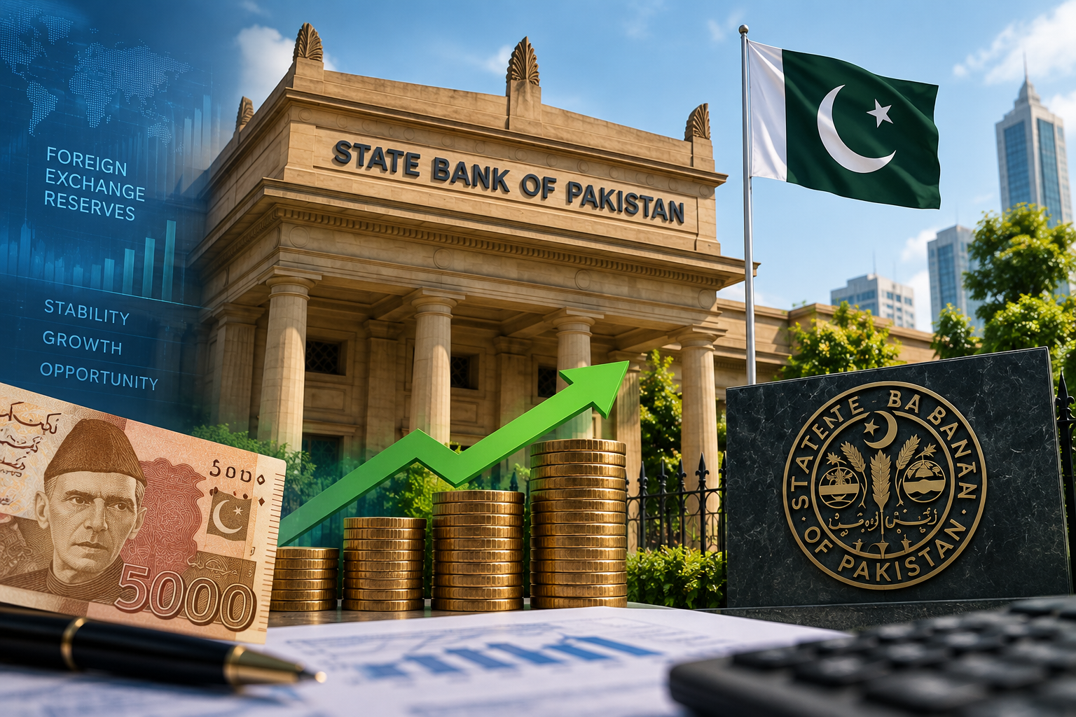 Pakistan Report illustration representing the State Bank of Pakistan and the increase in foreign-exchange reserves.