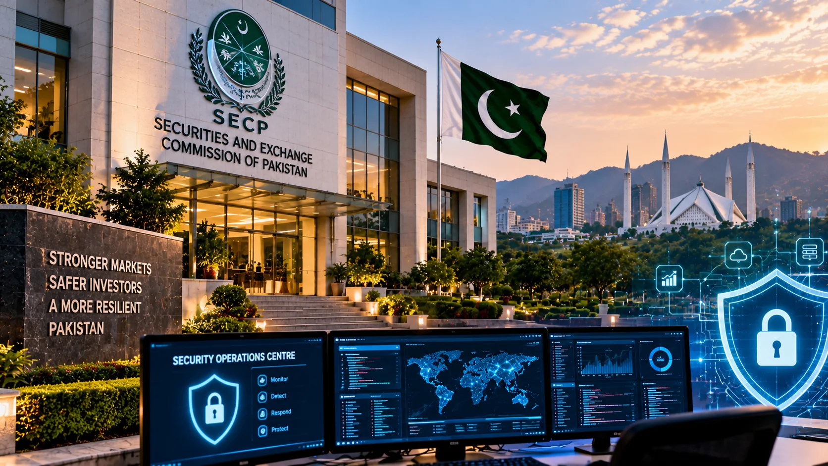 Editorial illustration of SECP cybersecurity monitoring and Islamabad.
