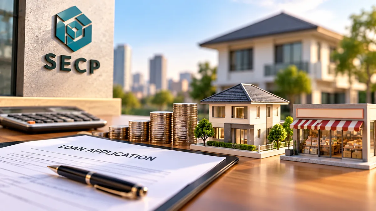 AI-generated Pakistan Report editorial illustration of a loan application, home and small business representing proposed SECP financing limits.