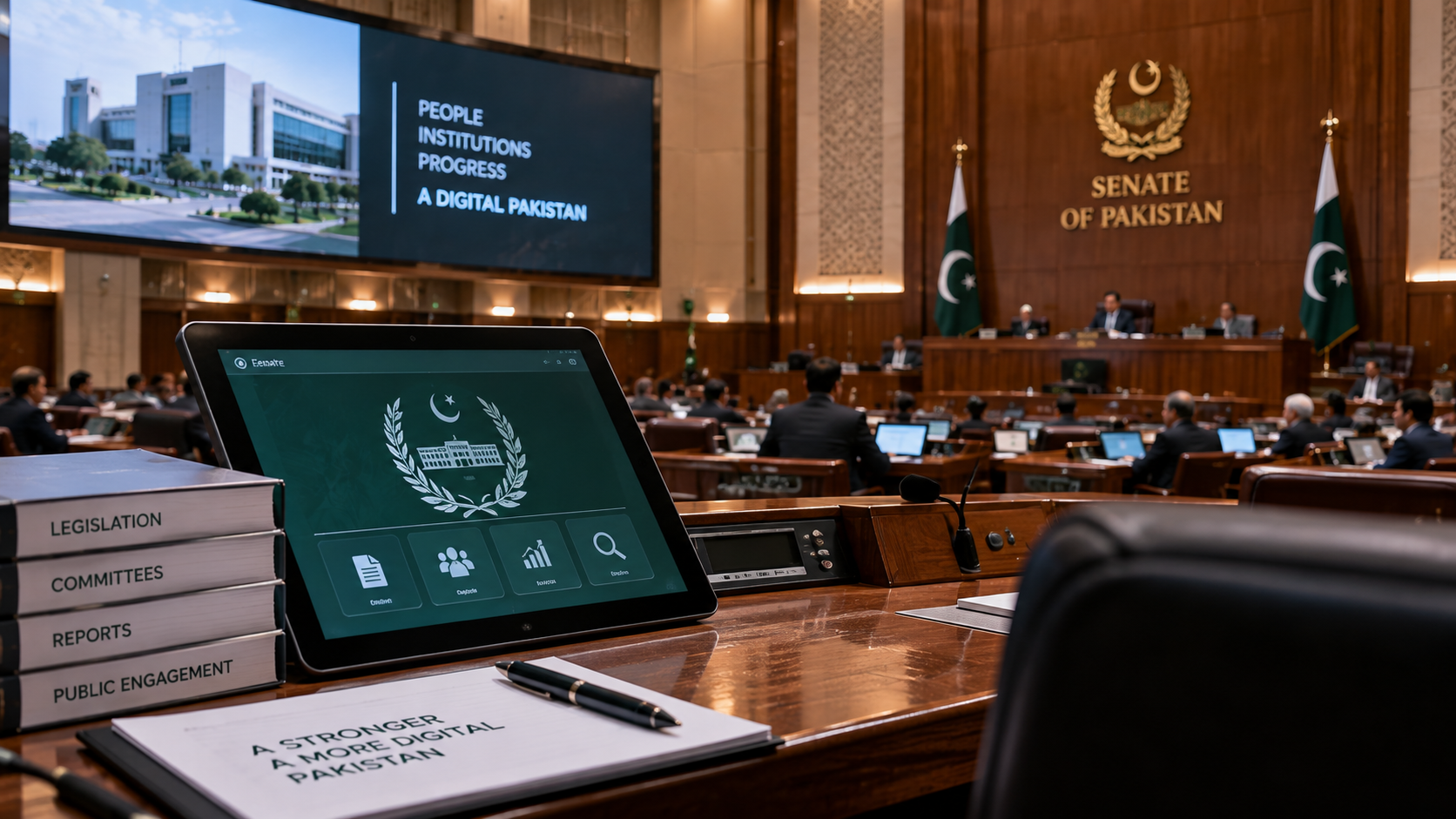 Illustration representing digital technology and parliamentary services in Pakistan.