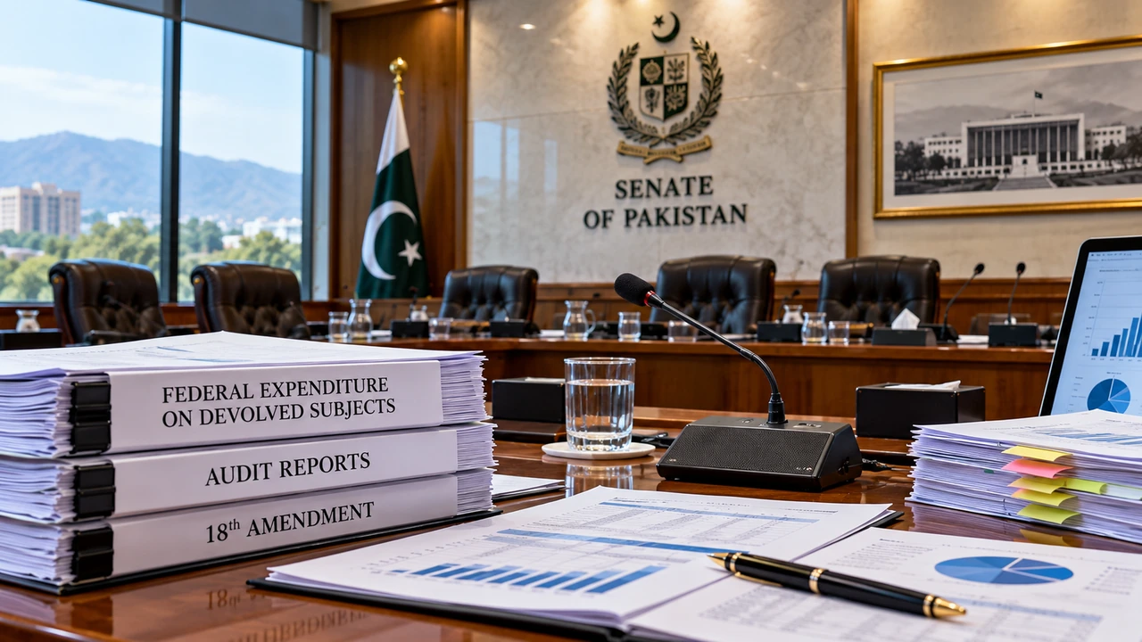 Pakistan Report illustration of committee audit documents and financial charts; not a photograph of the Senate meeting.