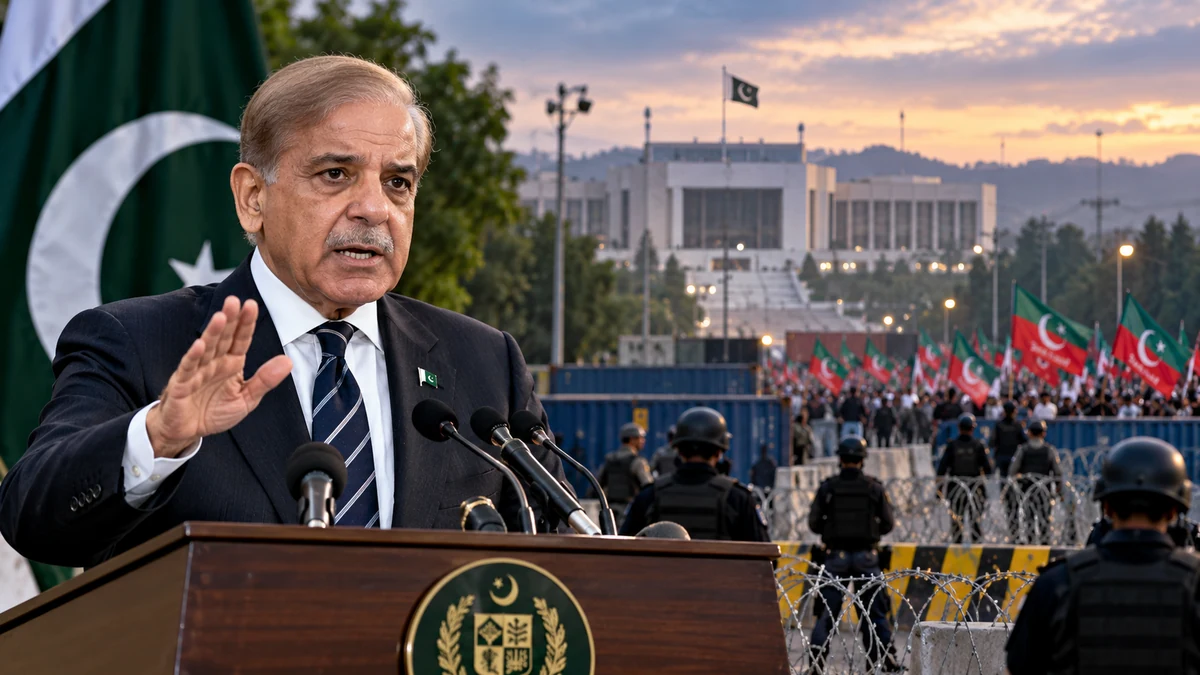 AI-generated Pakistan Report editorial illustration showing Prime Minister Shehbaz Sharif, a Pakistani flag, an Islamabad government building, PTI supporters and security barricades.