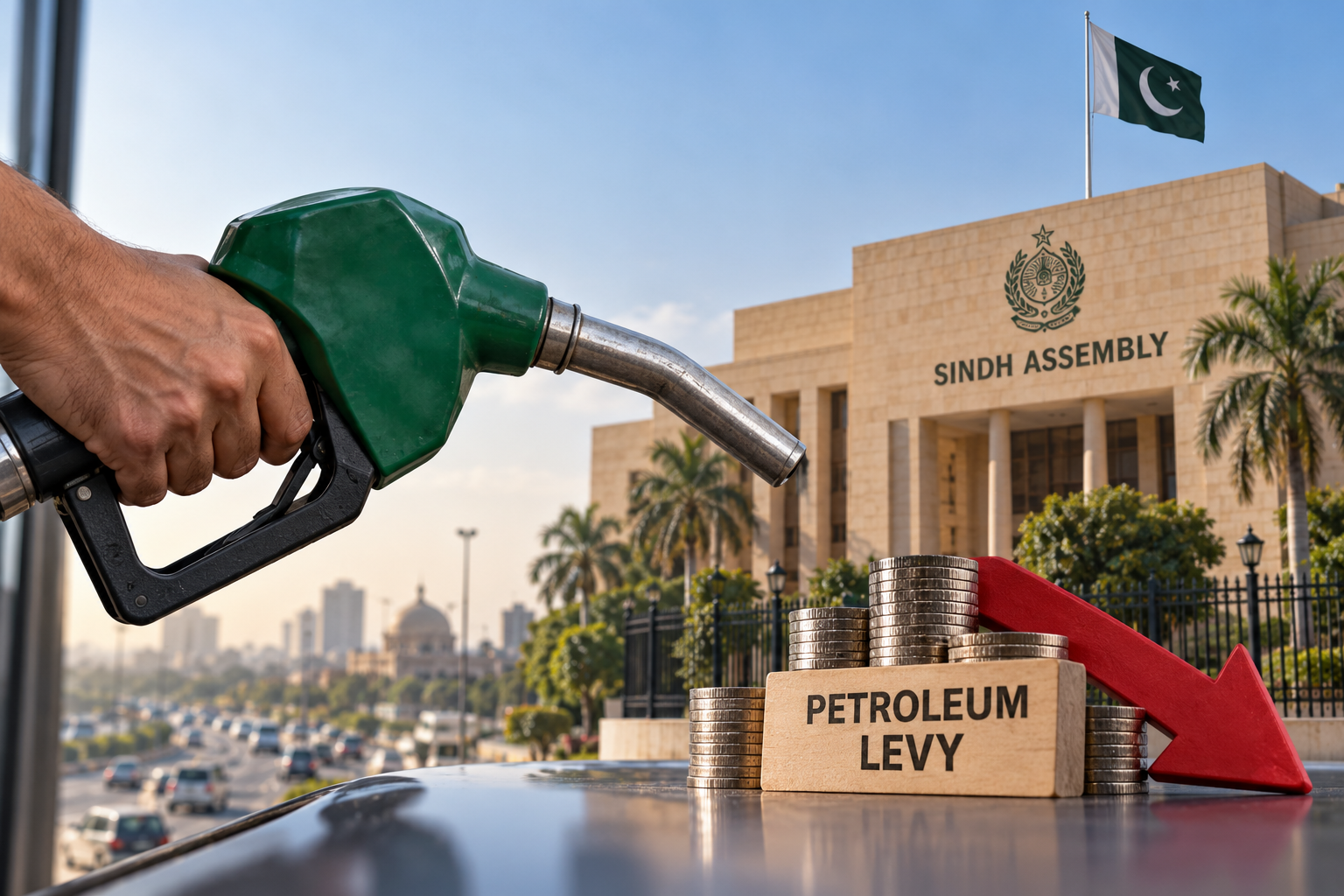 Pakistan Report illustration representing the Sindh Assembly's call for abolition of the federal petroleum levy.