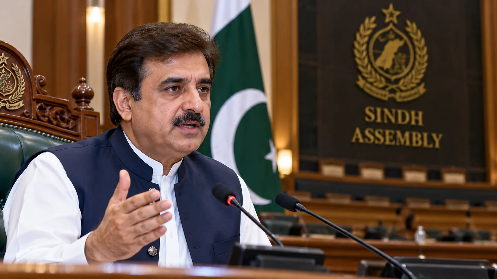 Editorial illustration accompanying Pakistan Report coverage of sindh assembly speaker rejects proposals to divide province or impose governor’s rule.