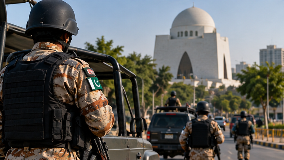 Pakistan Report illustration representing the Sindh Assembly and continued Rangers deployment for public security