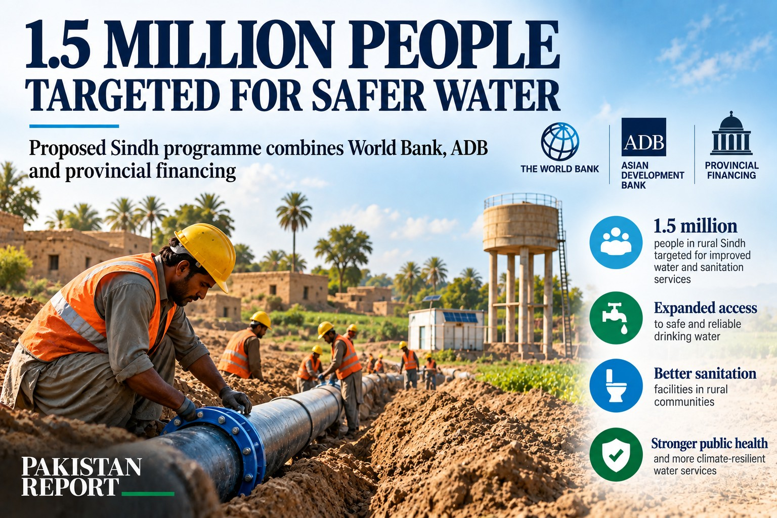 AI-generated Pakistan Report editorial illustration of rural water and sanitation infrastructure in Sindh, with workers installing a pipeline near village water facilities.