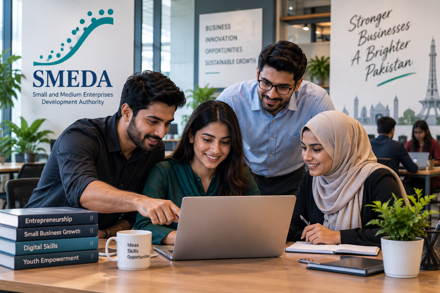 Pakistan Report illustration representing young Pakistani entrepreneurs and small-business support.