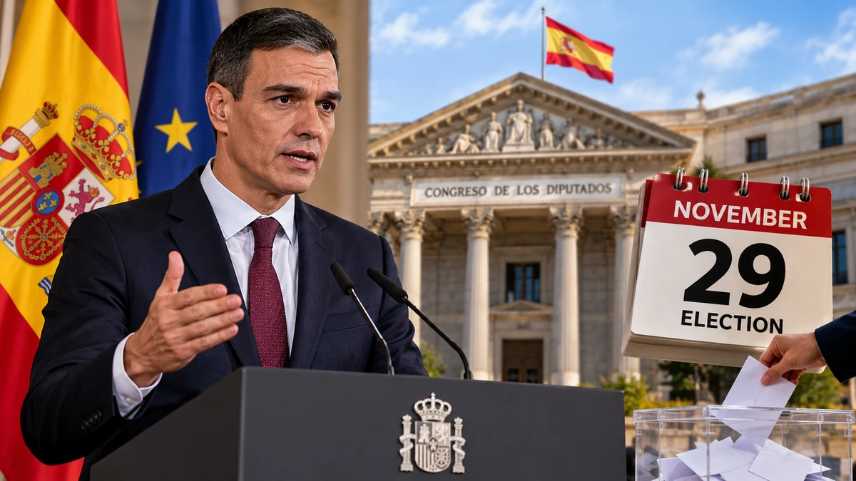 AI-generated Pakistan Report editorial illustration of Pedro Sánchez, Spain's parliament, Spanish and EU flags, a ballot box and a November 29 election calendar.