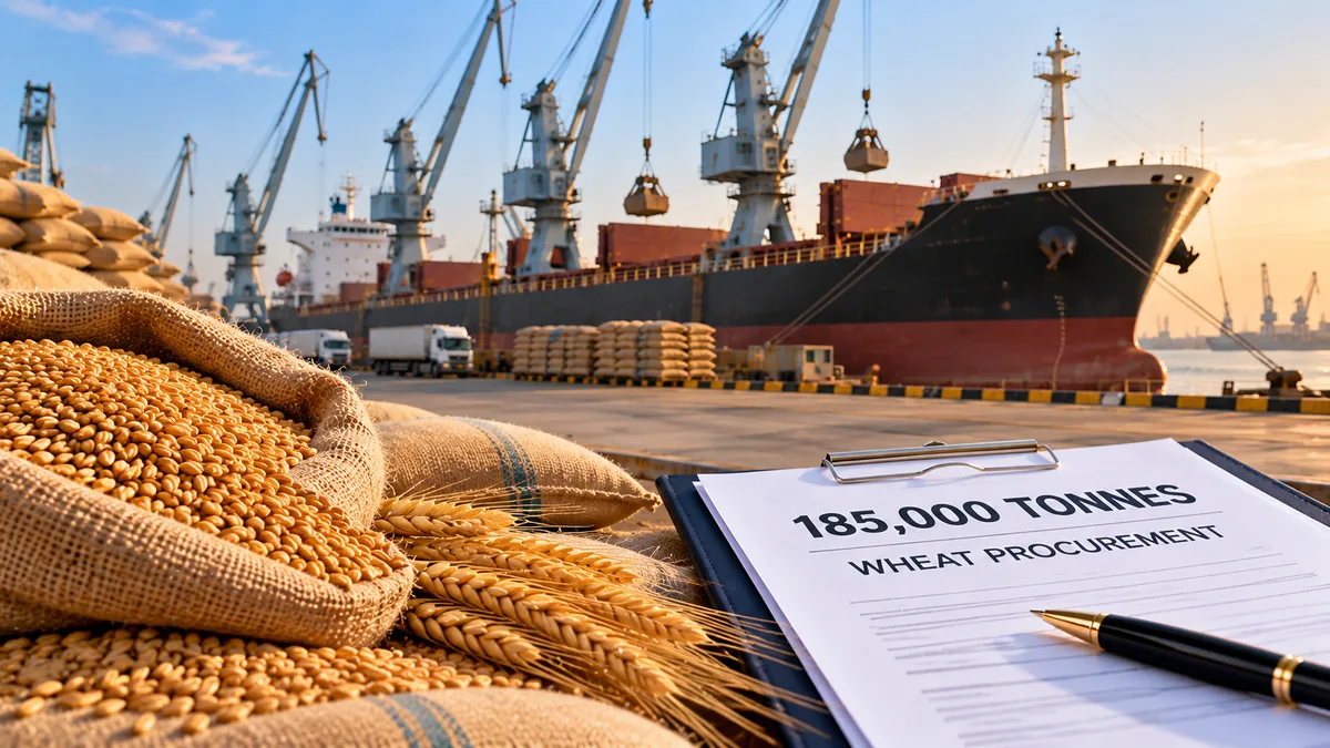 AI-generated Pakistan Report editorial illustration of wheat, a bulk carrier and procurement paperwork representing TCP's remaining 185,000-tonne wheat import process.