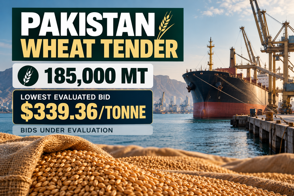 AI-generated Pakistan Report editorial illustration representing TCP’s 185,000-tonne wheat import tender and evaluated bids.