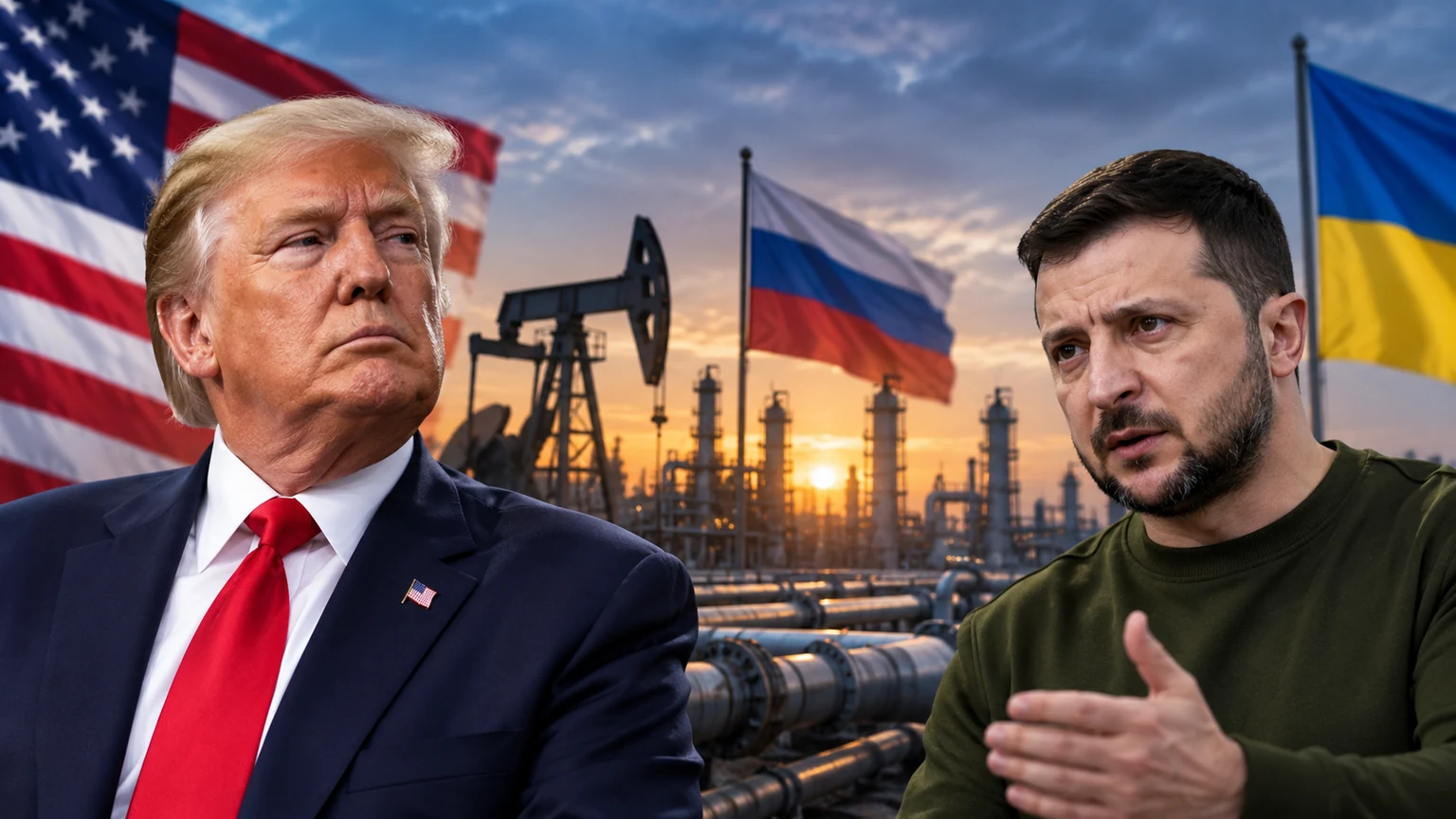 AI-generated editorial illustration of Donald Trump and Volodymyr Zelensky with flags and oil infrastructure