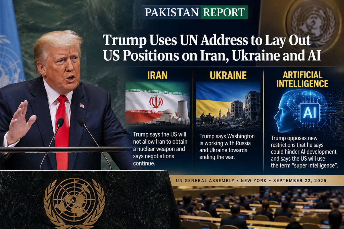 US President Donald Trump at the UN with panels highlighting Iran, Ukraine and artificial intelligence.