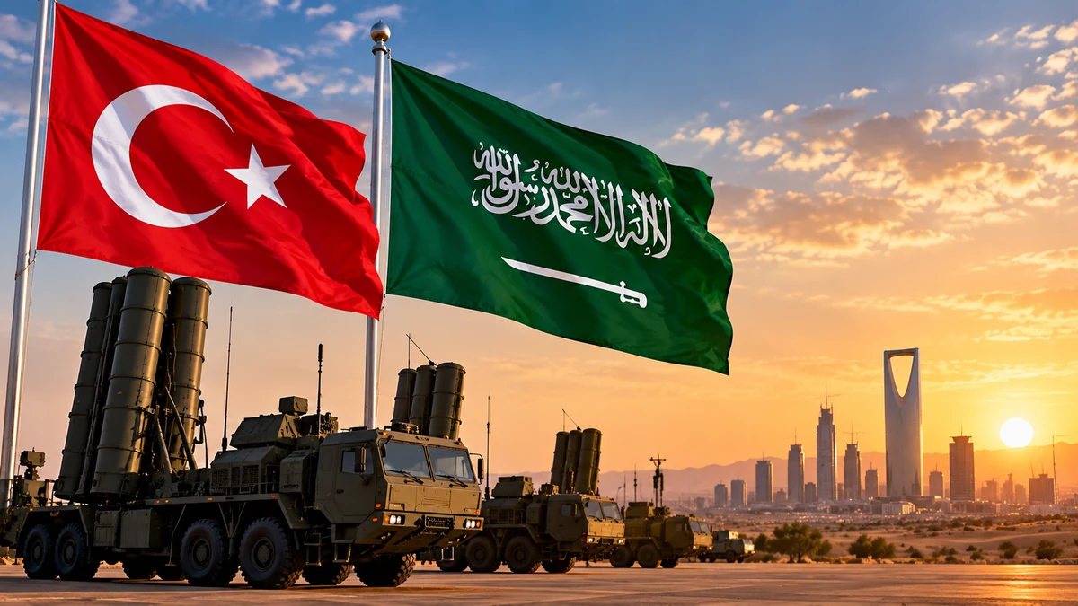 AI-generated editorial illustration of Turkish and Saudi flags and symbolic military vehicles; not evidence of a specific deployment.