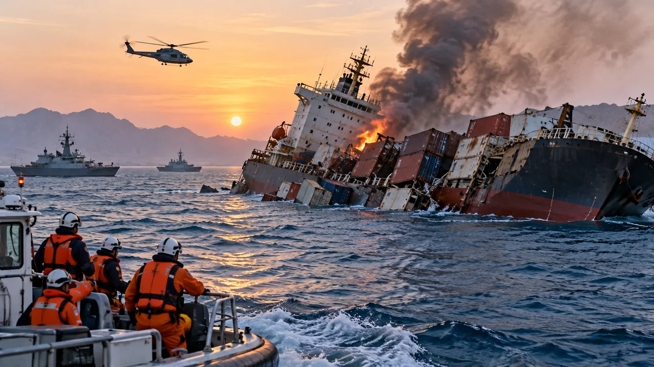 Pakistan Report Illustration depicting two cargo ships sink near strait of hormuz as maritime attacks intensify