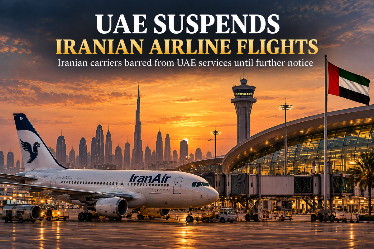 AI-generated Pakistan Report editorial illustration of an Iranian airliner at a UAE airport with the UAE flag and Dubai skyline.
