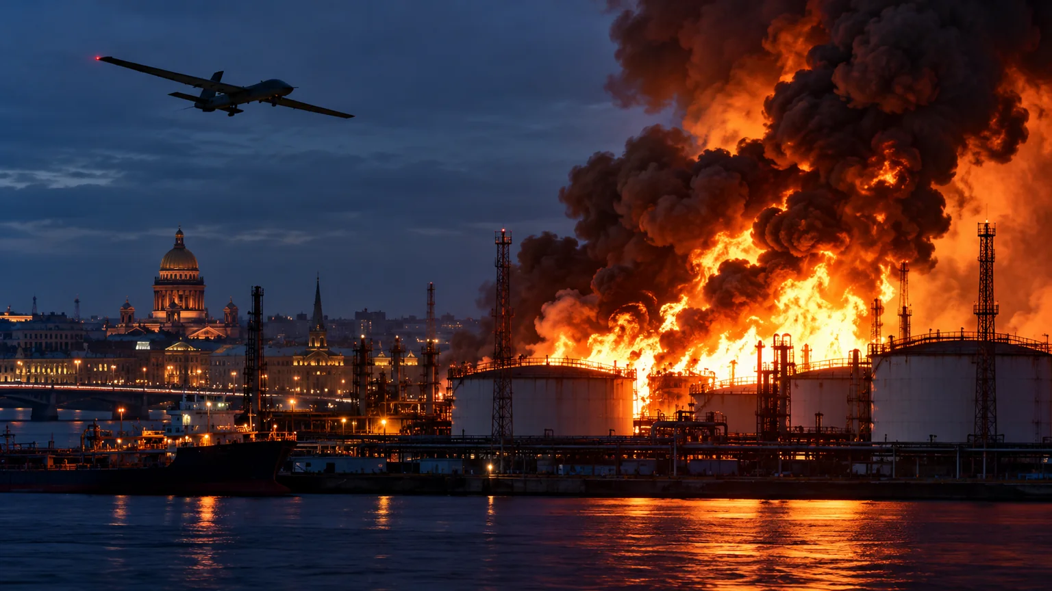 AI-generated illustration of a drone above a burning industrial oil terminal at dusk; not a photograph of the reported attack.