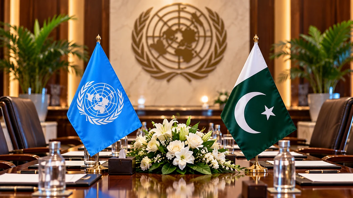 AI-generated editorial illustration of Pakistan and United Nations flags in a formal meeting room, representing diplomatic talks.