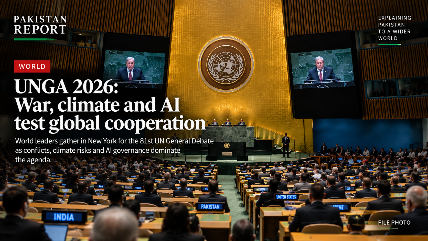 Editorial image of the United Nations General Assembly Hall accompanying Pakistan Report coverage of UNGA 2026