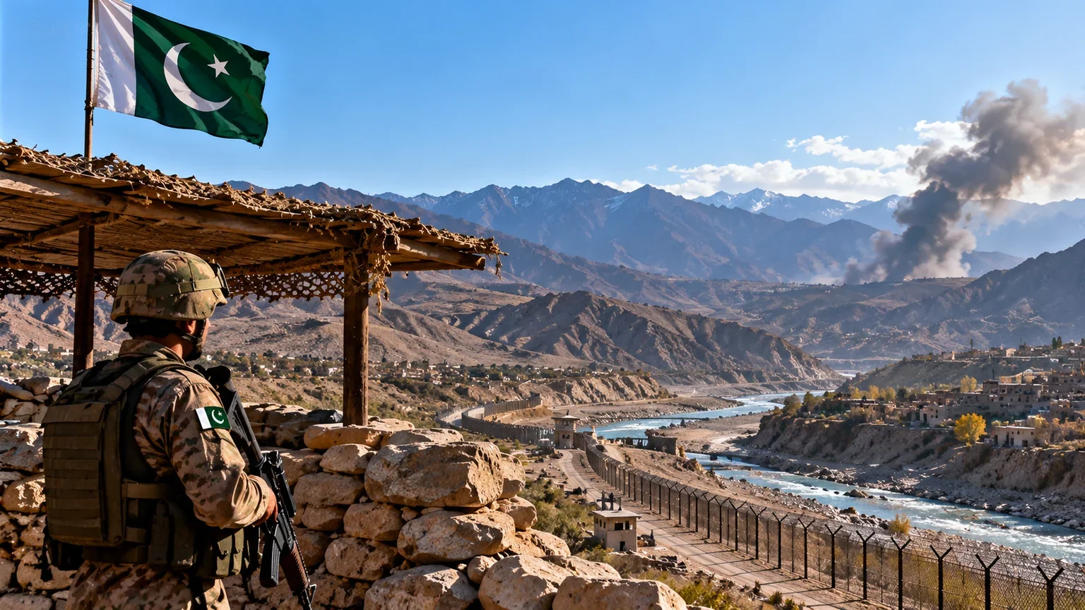 Conceptual editorial illustration for Pakistan Report coverage of upper kurram border fighting october 17 2026. Not an event photograph.