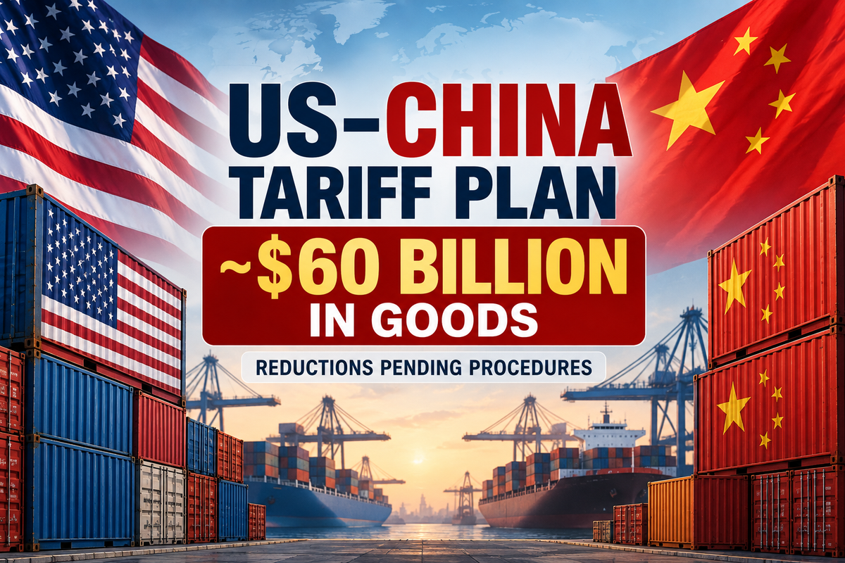 AI-generated Pakistan Report editorial illustration representing the US-China tariff-reduction framework covering about $60 billion in bilateral goods trade.