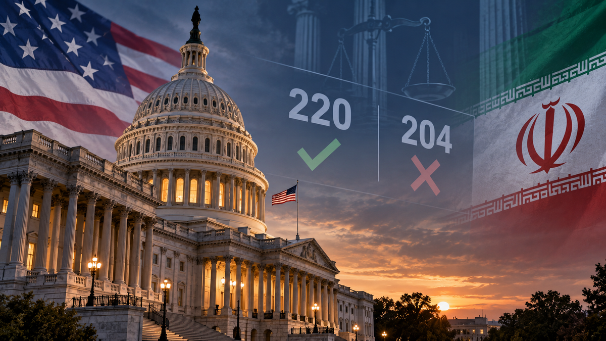 Editorial illustration of the US Capitol, American and Iranian flags, and the House's 220-204 war-powers vote