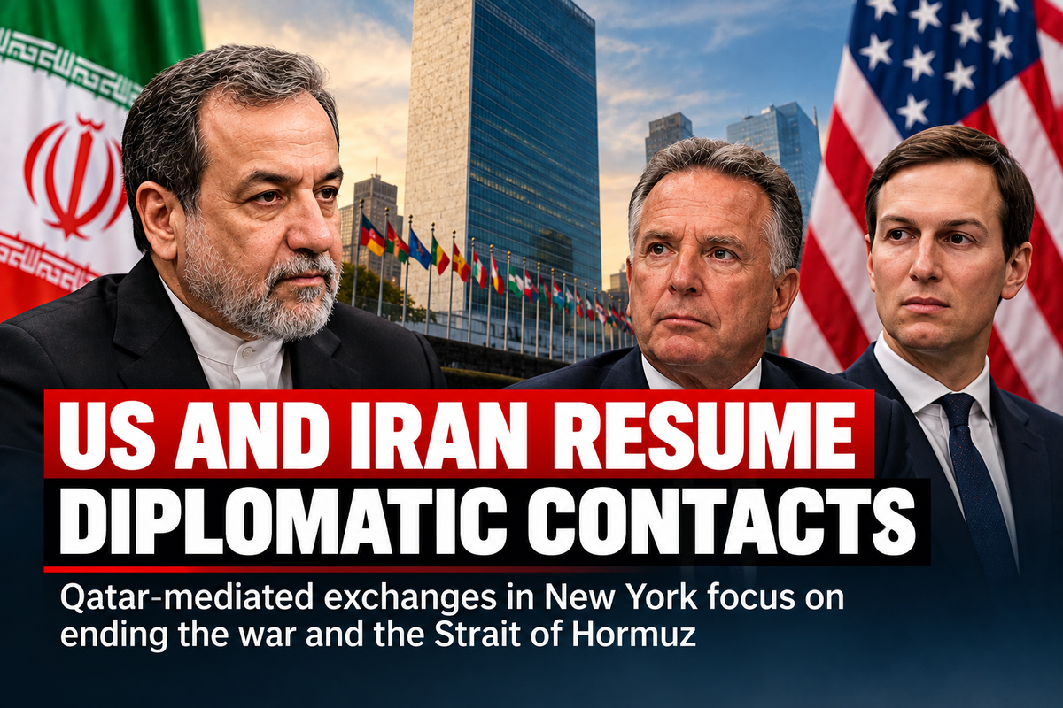 Editorial composite representing US-Iran diplomatic contacts in New York with US, Iranian and UN visual elements.