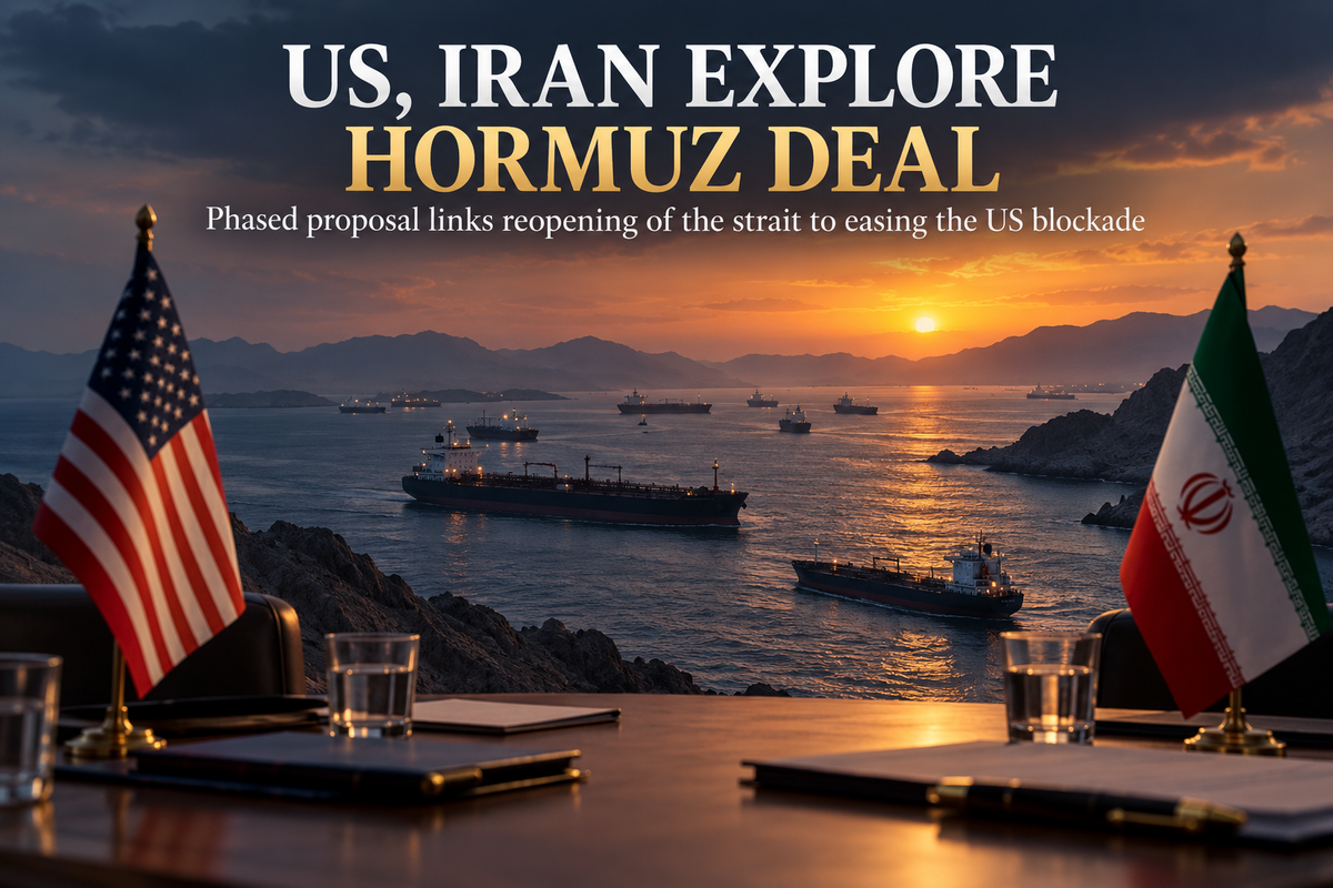AI-generated Pakistan Report editorial illustration of a US-Iran negotiating table overlooking tanker traffic in the Strait of Hormuz.