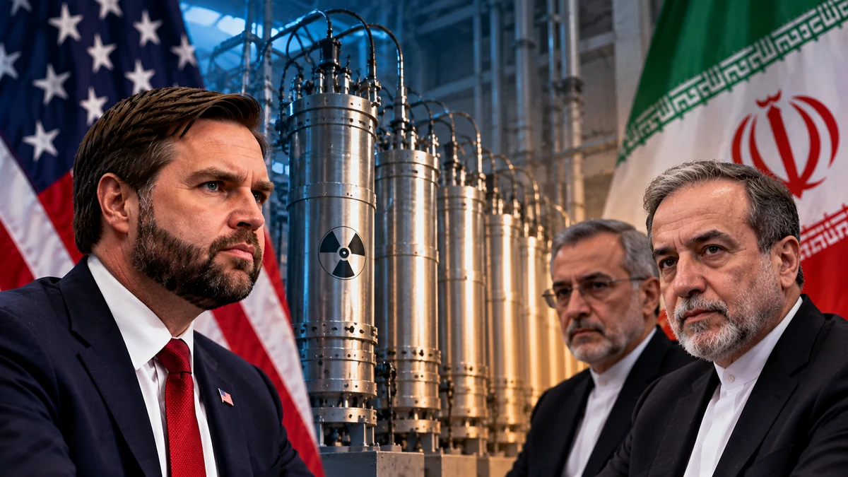 AI-generated Pakistan Report editorial illustration showing separate US and Iranian diplomatic figures with national flags and uranium-enrichment centrifuge imagery.