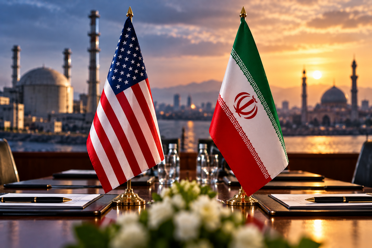 AI-generated Pakistan Report editorial illustration using US and Iranian flags to represent indirect diplomatic talks.