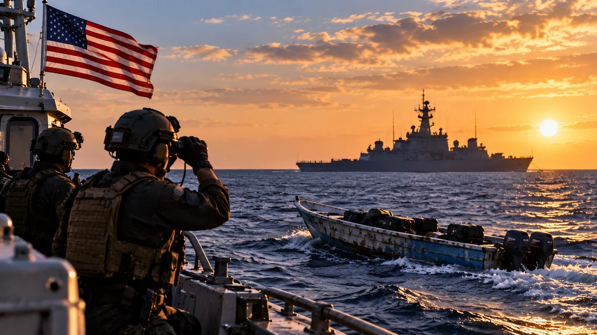 AI-generated Pakistan Report editorial illustration showing US maritime forces monitoring a small vessel in the Caribbean.