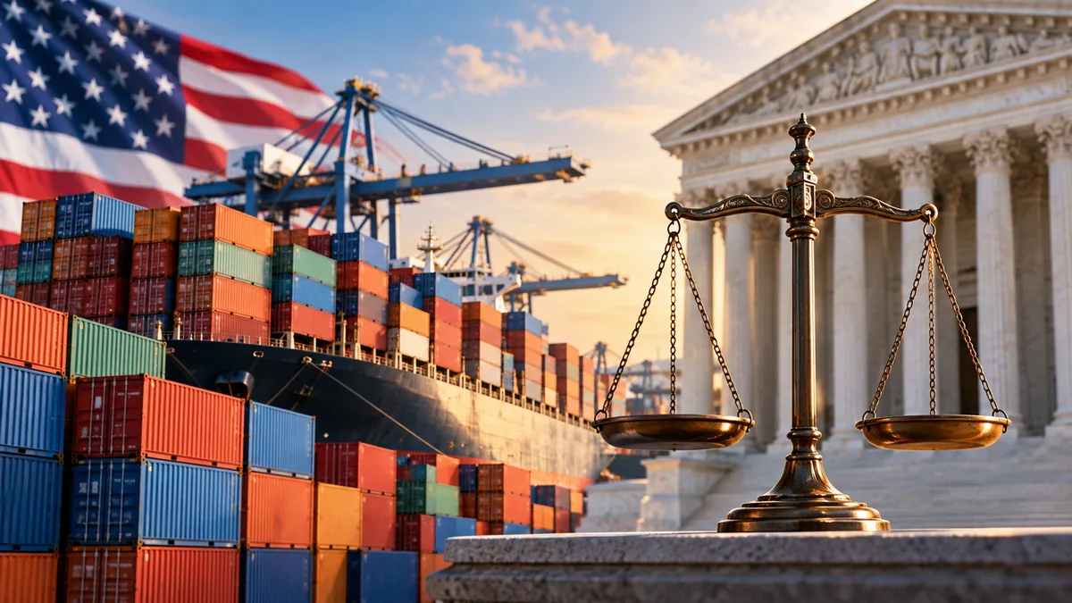AI-generated Pakistan Report editorial illustration of US port trade, a courthouse and scales of justice representing a tariff court challenge.