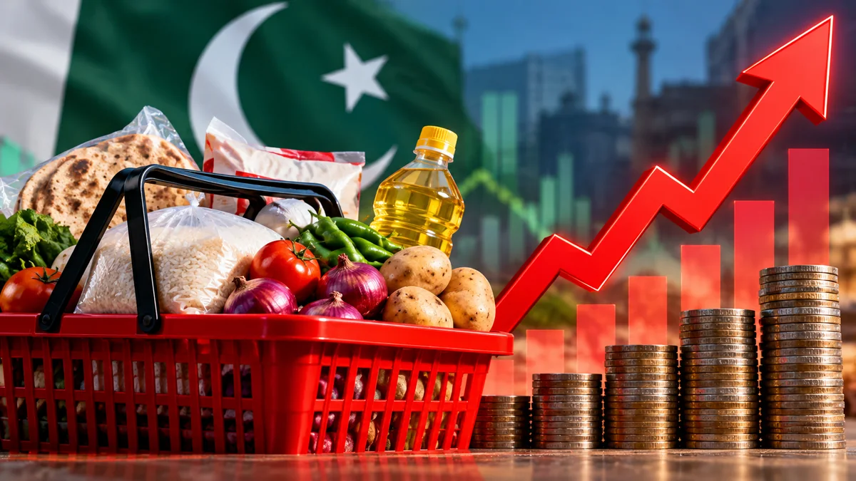 Illustration of a basket of essential foods and a rising price indicator
