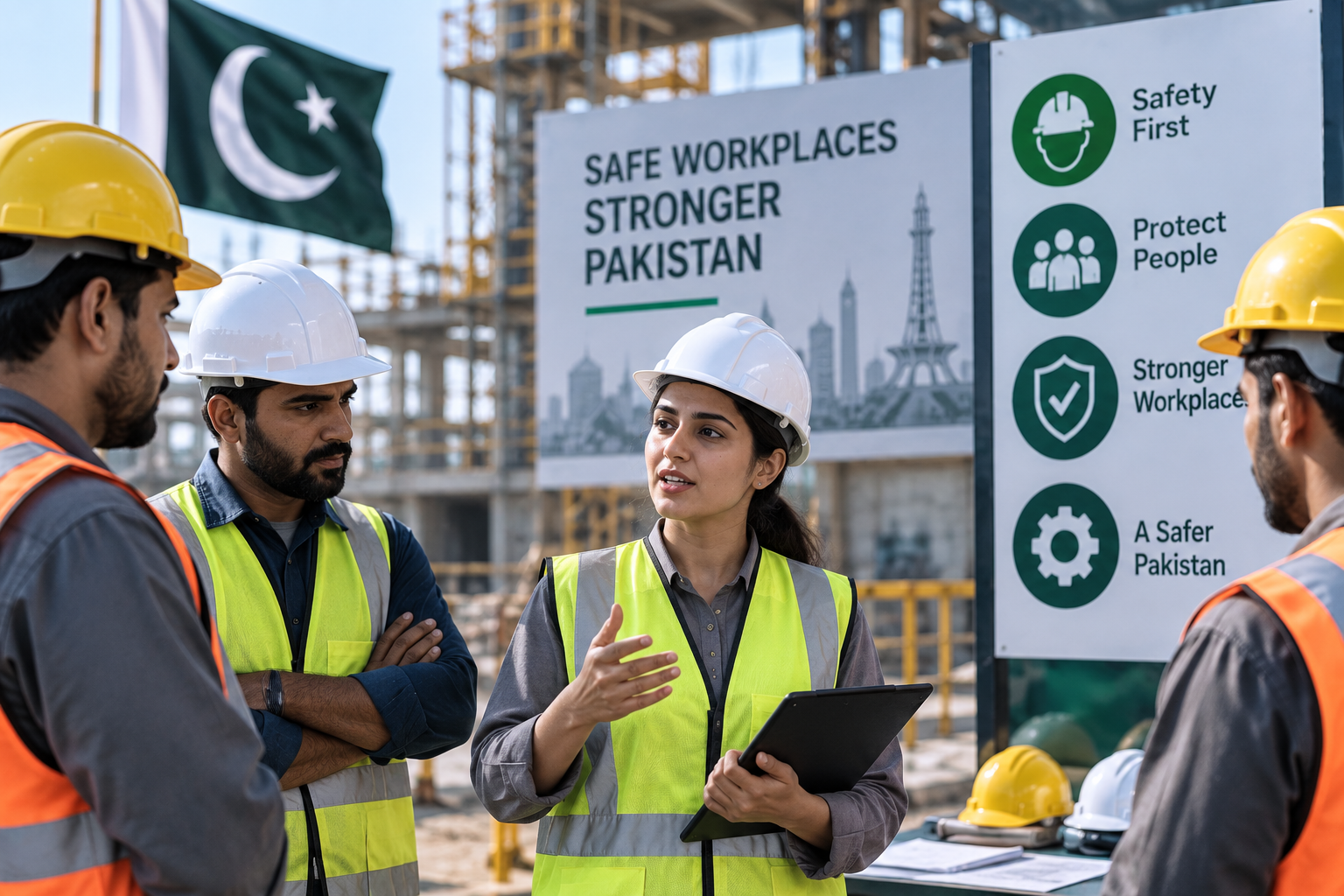 Pakistan Report illustration representing workers and workplace-safety consultation in Pakistan.