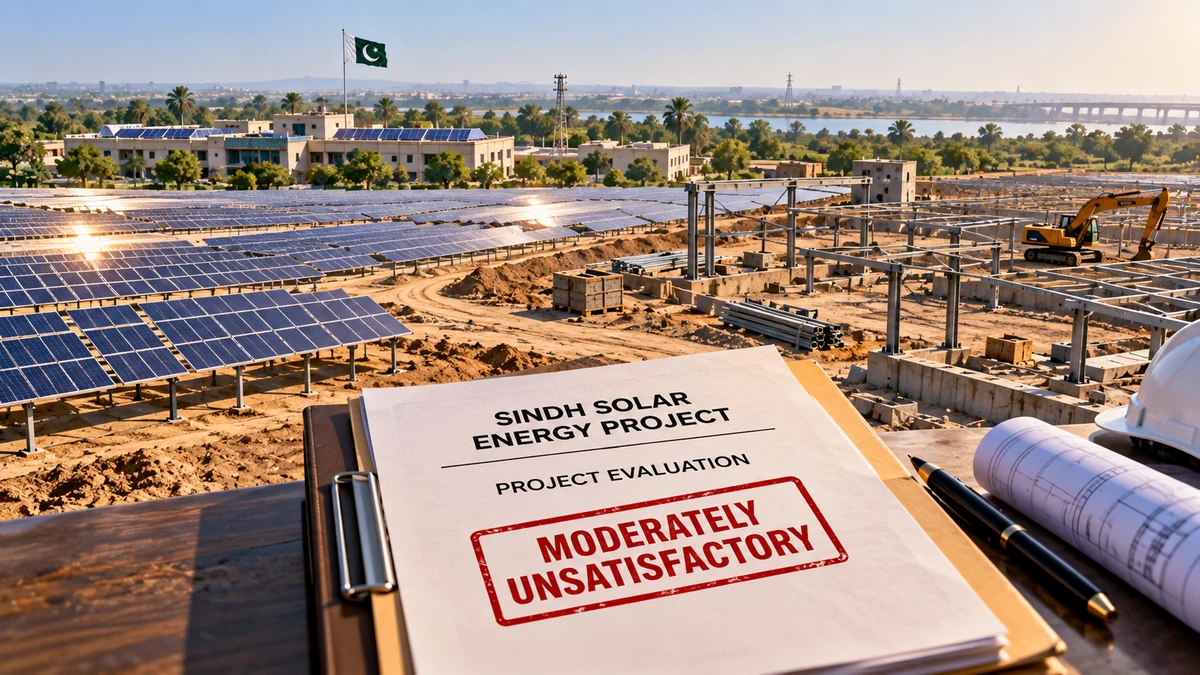 AI-generated Pakistan Report editorial illustration of the Sindh Solar Energy Project and a project evaluation.