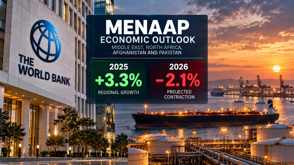 AI-generated Pakistan Report editorial illustration showing World Bank imagery, a MENAAP economic outlook panel, oil infrastructure and a tanker.