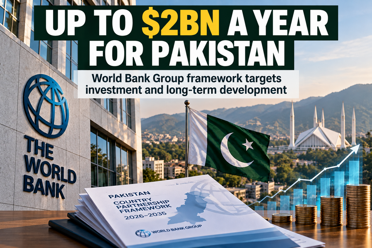 Pakistan Report editorial illustration accompanying coverage of the World Bank Group's 2026-35 Country Partnership Framework for Pakistan.