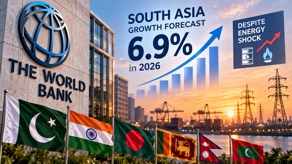 AI-generated Pakistan Report editorial illustration showing World Bank imagery, South Asian flags, energy infrastructure and a 6.9% 2026 growth forecast.