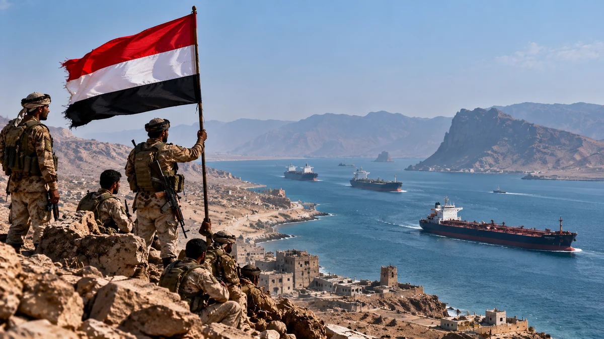 AI-generated Pakistan Report editorial illustration of Yemeni government forces overlooking shipping near the Bab el-Mandeb coast.