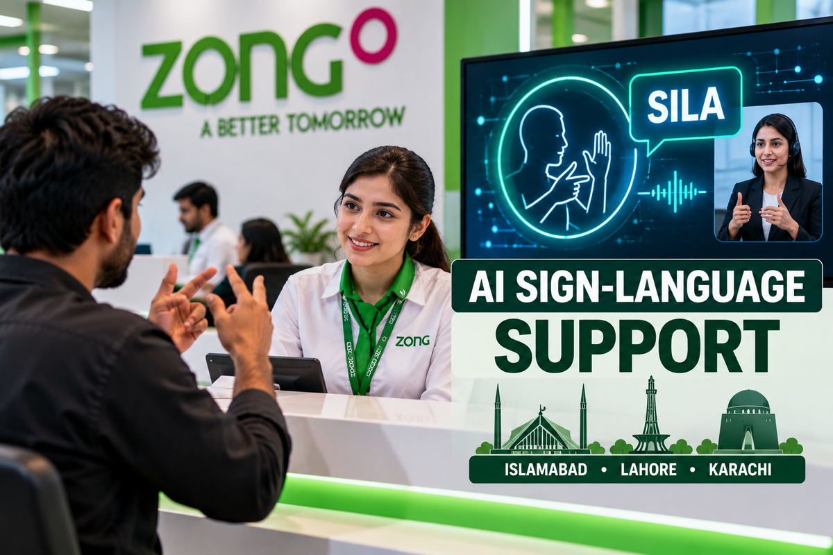 AI-generated Pakistan Report editorial illustration representing Zong and ConnectHear's SILA sign-language support at customer service centres.