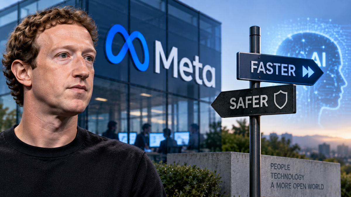 Editorial illustration of Mark Zuckerberg, Meta and a symbolic choice between faster and safer AI development